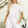 Pink Bow Knot Geometric Print Lettuce Trim Two Piece Lounge Set