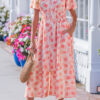 Pink Polka Dot Printed Ruffle Short Sleeve Zip Up Long Dress