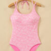 Pink Corded Flower Texture Spaghetti Straps Halterneck One Piece Swimsuit