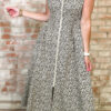 Beige Leopard Zip Front V Neck Cinched Waist Sleeveless Maxi Dress