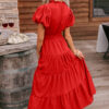 Clearly Aqua Solid Color V Neck Short Puff Sleeve High Waist Tiered Maxi Dress