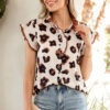 Khaki Leopard Printed Ruffle Sleeve Summer Blouse