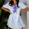 Sky Blue Leopard Contrast Bow Puff Sleeve Mini Dress