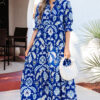 Blue Wild Floral Print Frilled Collar Half Sleeve Long Dress