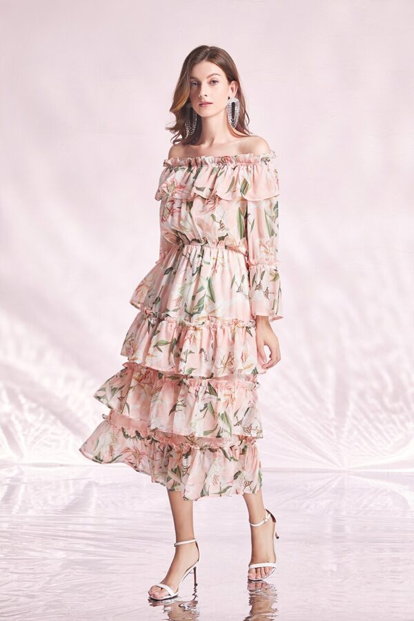 Pink Lily Flower Printed Layered Midi Dress