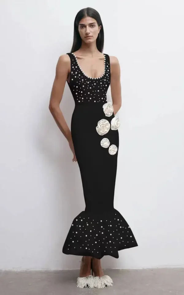 Sexy O-Neck Pearl Beading Bodycon Bandage Gown Dress
