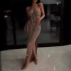 571135087 Water Diamond Nail Beads Sexy Low cut High Split Strap Luxury Party Dress