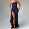 Evening dress, party, women's straight neck strapless dress, sexy backless high slit long skirt
