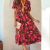 Green Floral Print Striped Trim Split Neck Short Puff Sleeve Ruffle Hem Maxi Dress