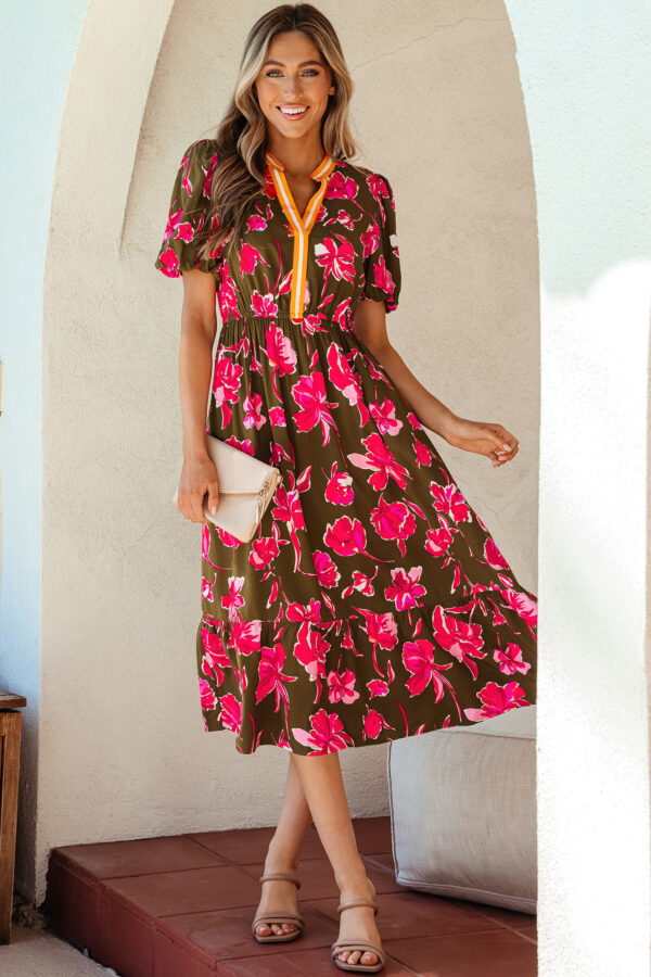 Green Floral Print Striped Trim Split Neck Short Puff Sleeve Ruffle Hem Maxi Dress