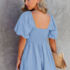 Sky Blue Brown Square Neck Ruched Puff Sleeve Romper