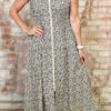 Beige Leopard Zip Front V Neck Cinched Waist Sleeveless Maxi Dress