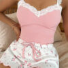 Pink Ribbed Knit Lace Straps Patchwork Lettuce Hem Cropped Top Floral Short Lounge Set