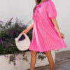 Rose Striped Print Bow Detail Short Puff Sleeve Mini Dress