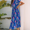 Sky Blue Floral Puff Short Sleeve V Neck High Waist Maxi Dress