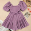 Sky Blue Brown Square Neck Ruched Puff Sleeve Romper