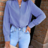 Sky Blue Solid Color V Neck Breezy Long Sleeve Blouse