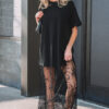 Black Floral Patchwork Short Sleeve T Shirt Loose Maxi Dress