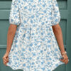 Sky Blue Leopard Contrast Bow Puff Sleeve Mini Dress