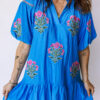 Blue Flower Embroidered Split Neck Short Puff Sleeve Ruffle Hem Dress