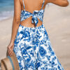 Sky Blue Twisted Bust Spaghetti Straps Backless Floral Maxi Dress