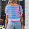 Sky Blue Stripe Colorblock Trim Half Sleeve Sweater Top