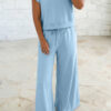 Clearly Aqua Solid Color Loose Tee Drawstring Wide Leg Pants 2pcs Outfit