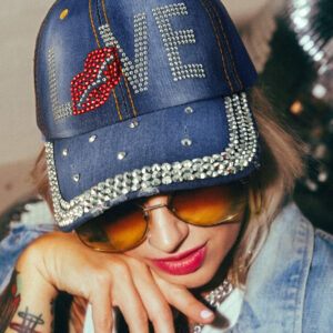 Ashleigh Blue Rhinestone Embellished LOVE Lip Denim Baseball Cap