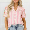 Pink Stripe Print Floral Embroidered Puff Sleeve V Neck Blouse