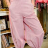 Red Stripe Contrast Lace Ribbon Tie Detail Wide Leg Pants