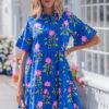 Blue V Neck Short Sleeve Loose Flower Dress