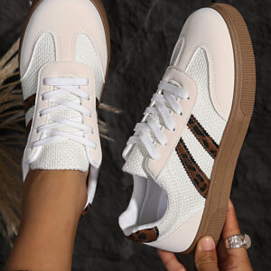 White Textured Woven PU Leather Leopard Patchwork Flat Sneakers