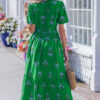 White Floral Print Split Neck Shirred High Waist Ruffle Hem Maxi Dress