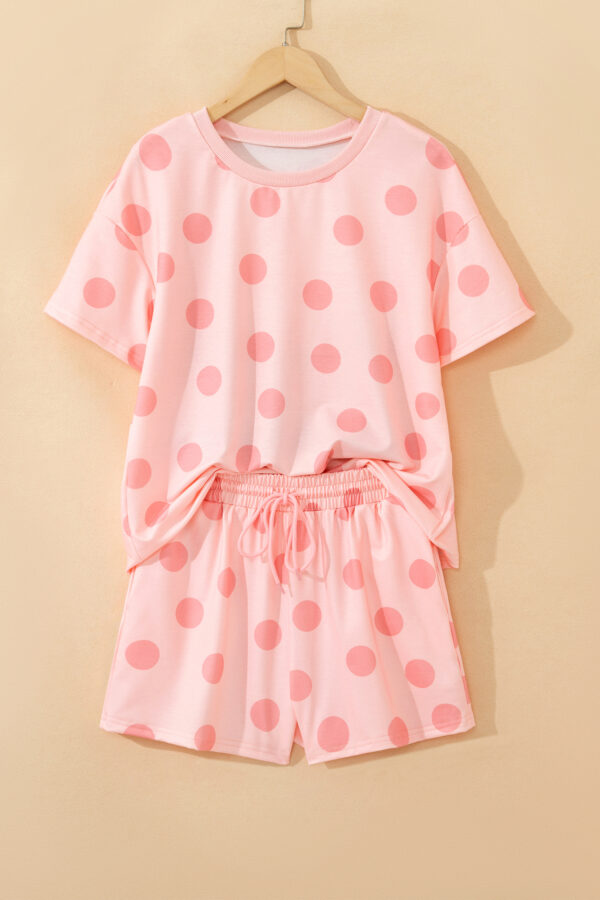 Black Polka Dot Print Loose Tee Drawstring Elastic Waist Short Set