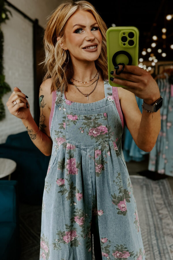 Blue Beau Floral Print Pleated High Waist Wide Leg Denim Jumpsuit
