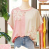 Apricot Color Block Flower Patched Loose T Shirt