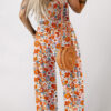 Orange Floral Print Sleeveless Smocked Shift Jumpsuit
