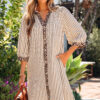 Pink Stripe Square Button Leopard Trim Loose Bracelet Sleeve Shirt Dress