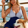Blue Stripe Patchwork Crossed Straps One Piece Swim Dress