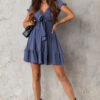 Blue Deep V Neck Self-tie Knotted Front Layered Flare Mini Dress