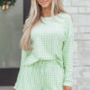 101729784-4636d33599e2b2f2.jpg Green Gingham Long Sleeve Loose Top Drawstring Shorts 2pcs Lounge Set