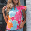 Multicolour Vibrant Flower Printed Tie V Neck Ruffle Trim Sleeveless Blouse
