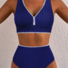 Navy Blue Shell Stitched Trim V Neck Textured Mix and Match High Waist Bikinis