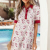 Red Geometric Floral Print Lace Trim Collared Short Sleeve Mini Dress