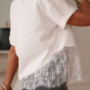 White Asymmetric Lace Hem Patchwork Tee