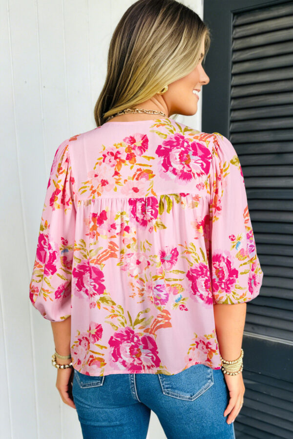 101799119-47a74c59ed937215.jpg Pink Floral Print Tie Neck Puffy Half Sleeve Blouse