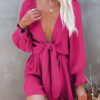 Rose Tie Knot V Neck Puff Long Sleeve Romper