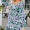 Green Floral Print Piping Trim Bubble Sleeve Square Neck Dress