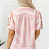 Pink Stripe Print Floral Embroidered Puff Sleeve V Neck Blouse