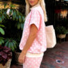 Pink Polka Dot Print Mock Neck Short Sleeve Top Shift Pant Set